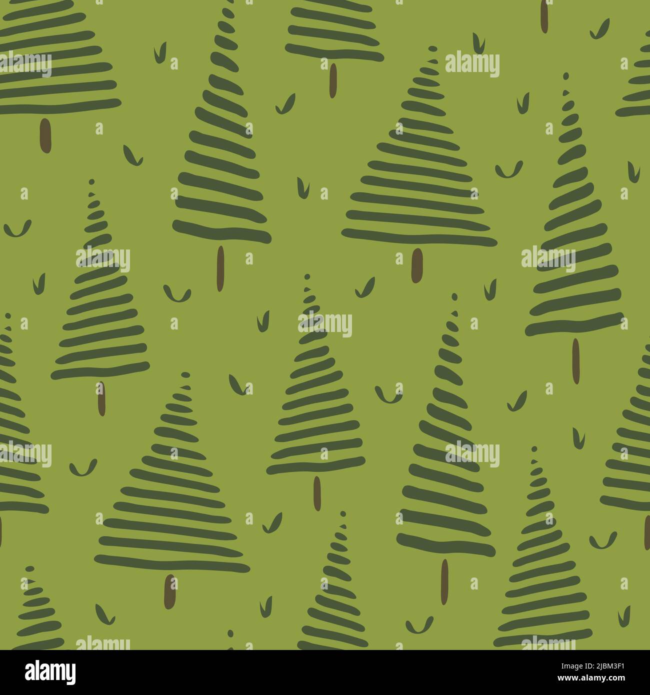 Pattern vettoriale senza giunture con alberi disegnati a mano su sfondo verde. Semplice carta da parati foresta con abeti astratti. Illustrazione Vettoriale