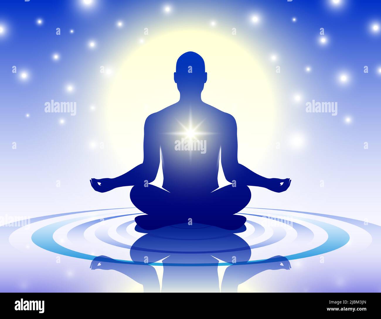 Uomo meditante seduto tranquillamente in una postura di loto sull'acqua, su un mistico sfondo di cielo blu notte con stelle e luna. Meditazione, rilassamento spirituale banner vettoriale. Illustrazione Vettoriale