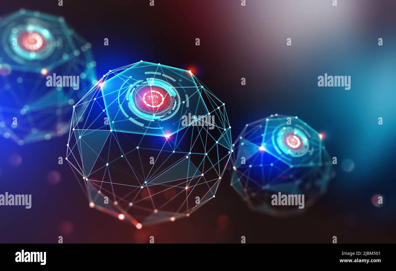 Intelligenza artificiale e tecnologia wireless. Rete digitale globale. Sicurezza dei dati Internet. 3d illustrazione di oggetti poligonali Foto Stock