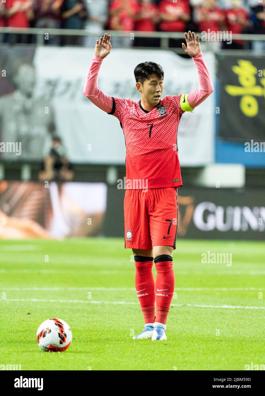6 Giugno 2022 - Daejeon, Corea del Sud : il giocatore sudcoreano Son Heung-min, durante la partita amichevole tra Corea del Sud e Cile al Daejeon World Cup Stadium di Daejeon, Corea del Sud, il 6 Giugno 2022. Corea del Sud-Cile segno 2-0. (Foto di: Lee Young-ho/Sipa USA) Foto Stock