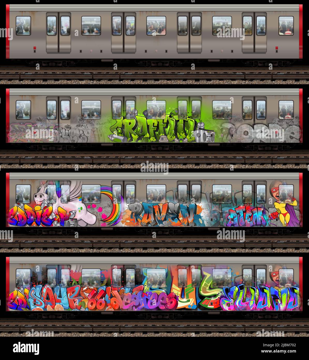 4 diversi treni della metropolitana con graffiti su di essi Foto Stock