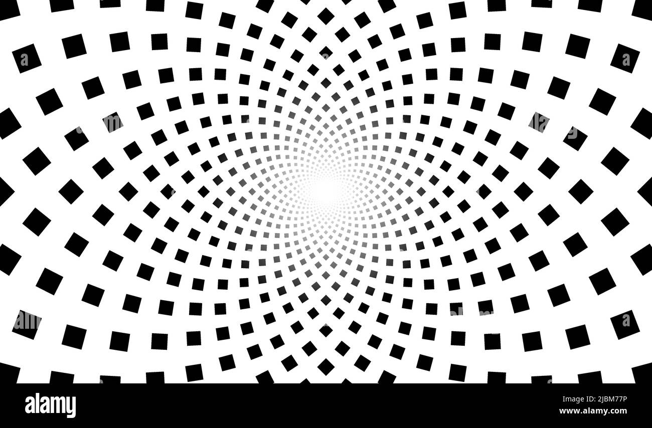 Fondo geometrico a spirale frattale con punti cubici a mosaico isolati su sfondo bianco. Illustrazione Vettoriale