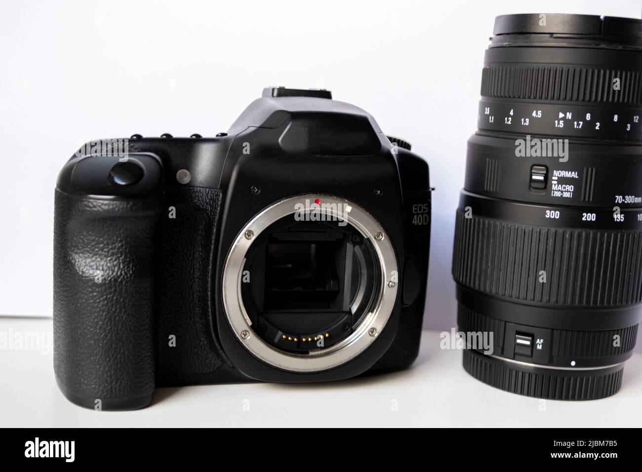 Fotocamera reflex digitale professionale con obiettivo teleobiettivo zoom da 70-300 mm con obiettivo grandangolare in primo piano macro mostra dettagli attrezzatura fotografica Foto Stock