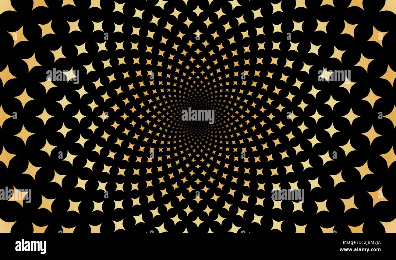 Fondo geometrico a spirale frattale con stelle dorate a mosaico che si muovono su sfondo nero. Illustrazione Vettoriale