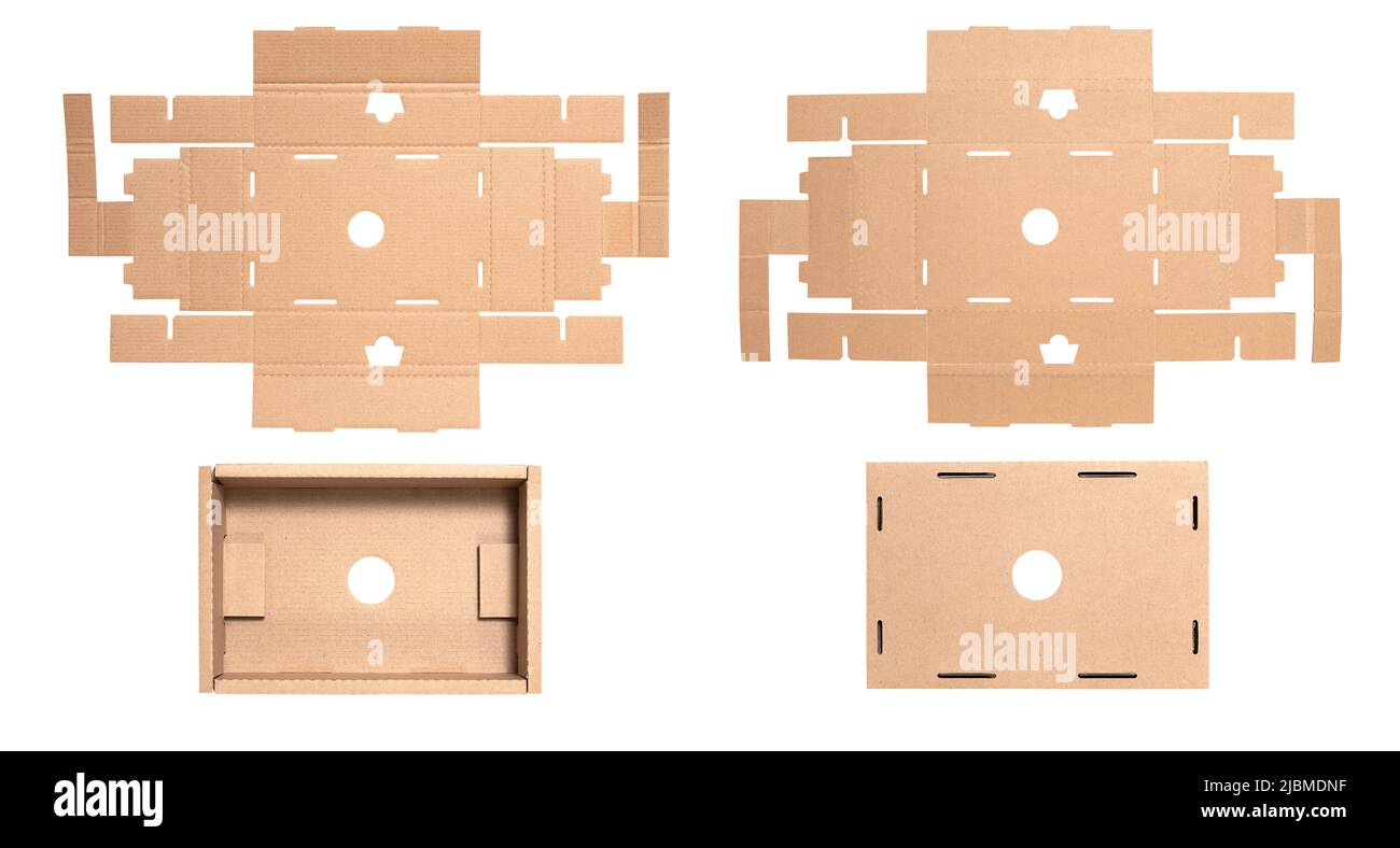 Modello di confezione in scatola di carta marrone su sfondo bianco. Cartone recto e verso con disegno fustellato. Foto Stock