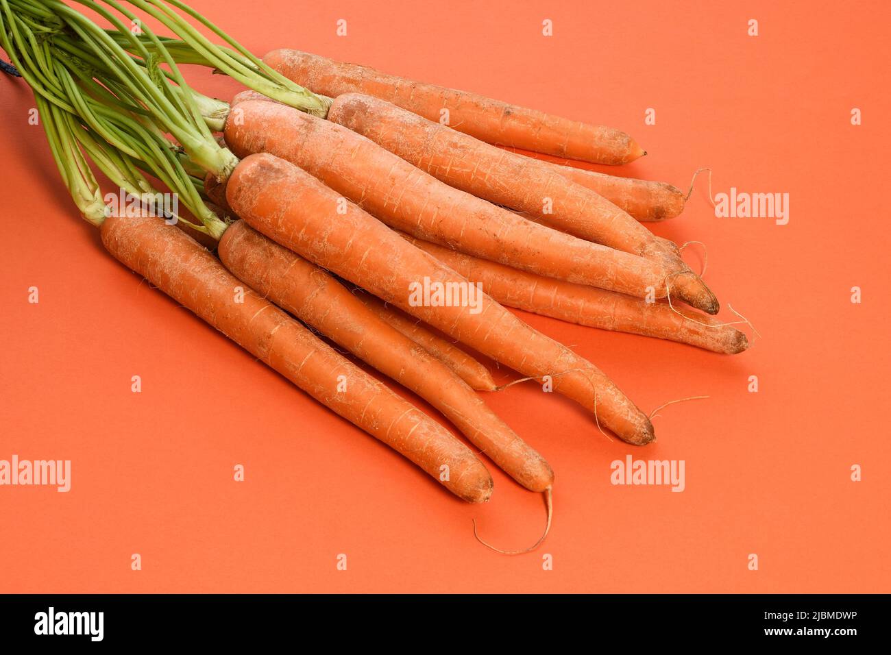 Un mazzo di carote fresche con gambi verdi Foto Stock