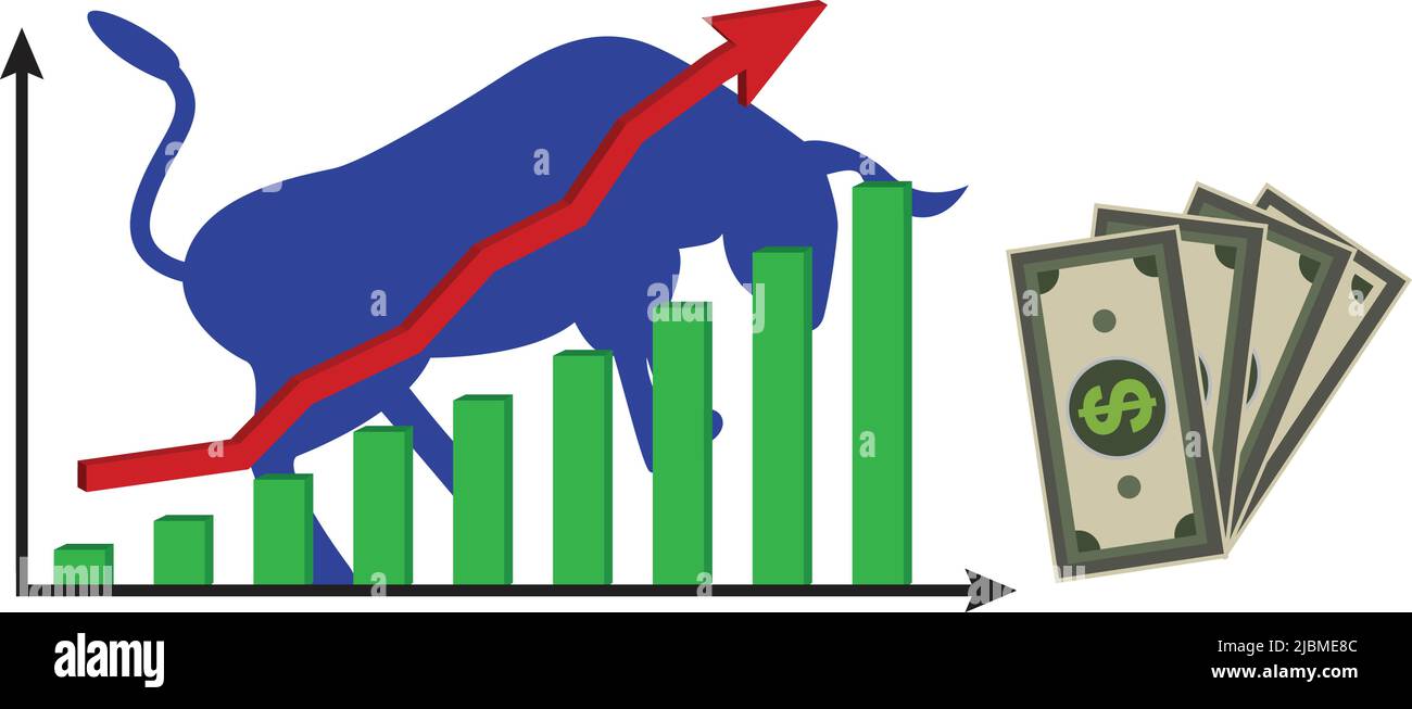 Contesto di cambio commerciale, freccia su grafico per un aumento dei tassi. Blockchain tecnologia. Boom economico globale su sfondo bianco Illustrazione Vettoriale
