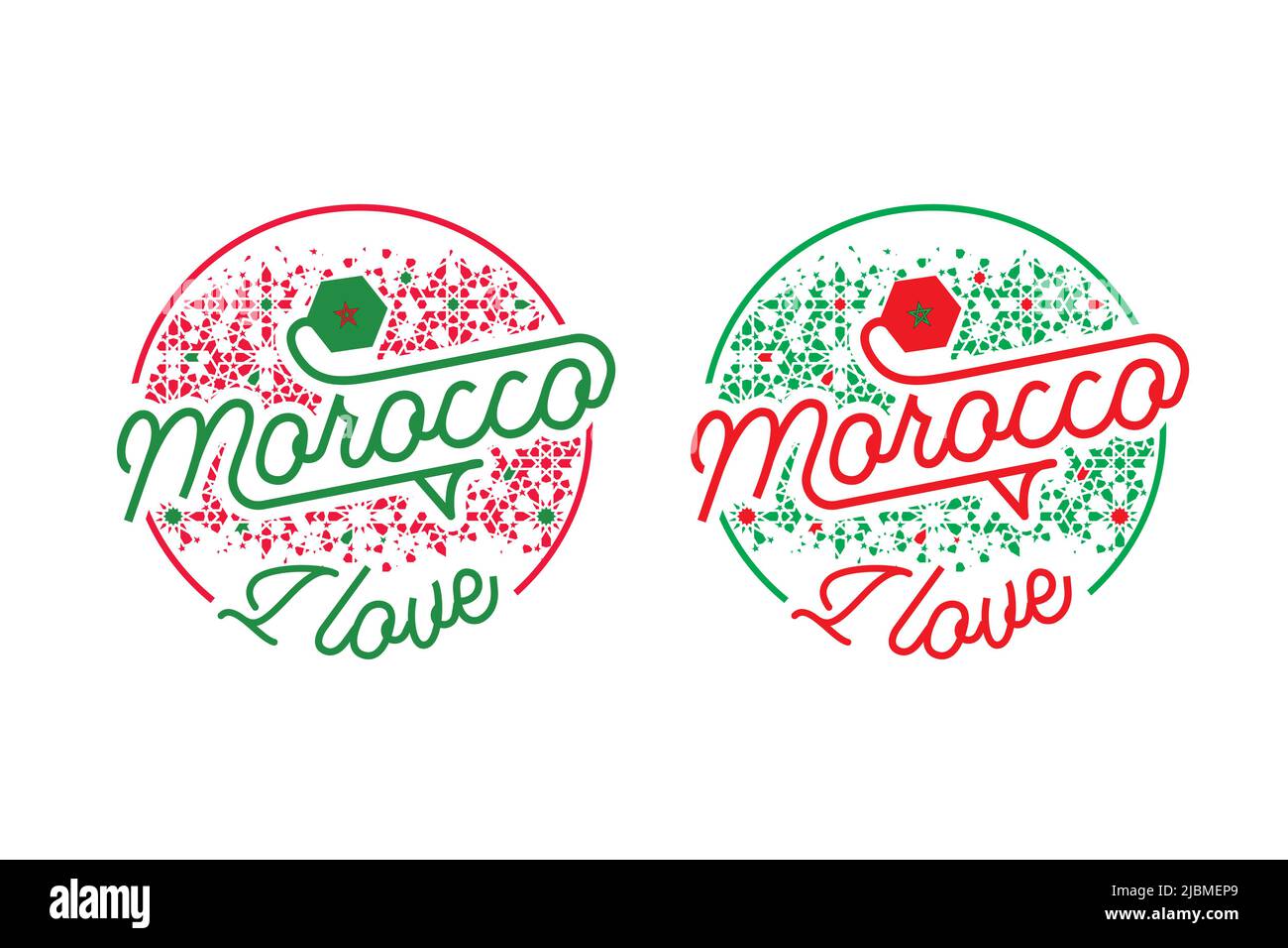 Logo i love marocco più forma arabesque stampato per t-shirt abiti. Bandiera marocchina. Tipografia. T-shirt Marocco Illustrazione Vettoriale