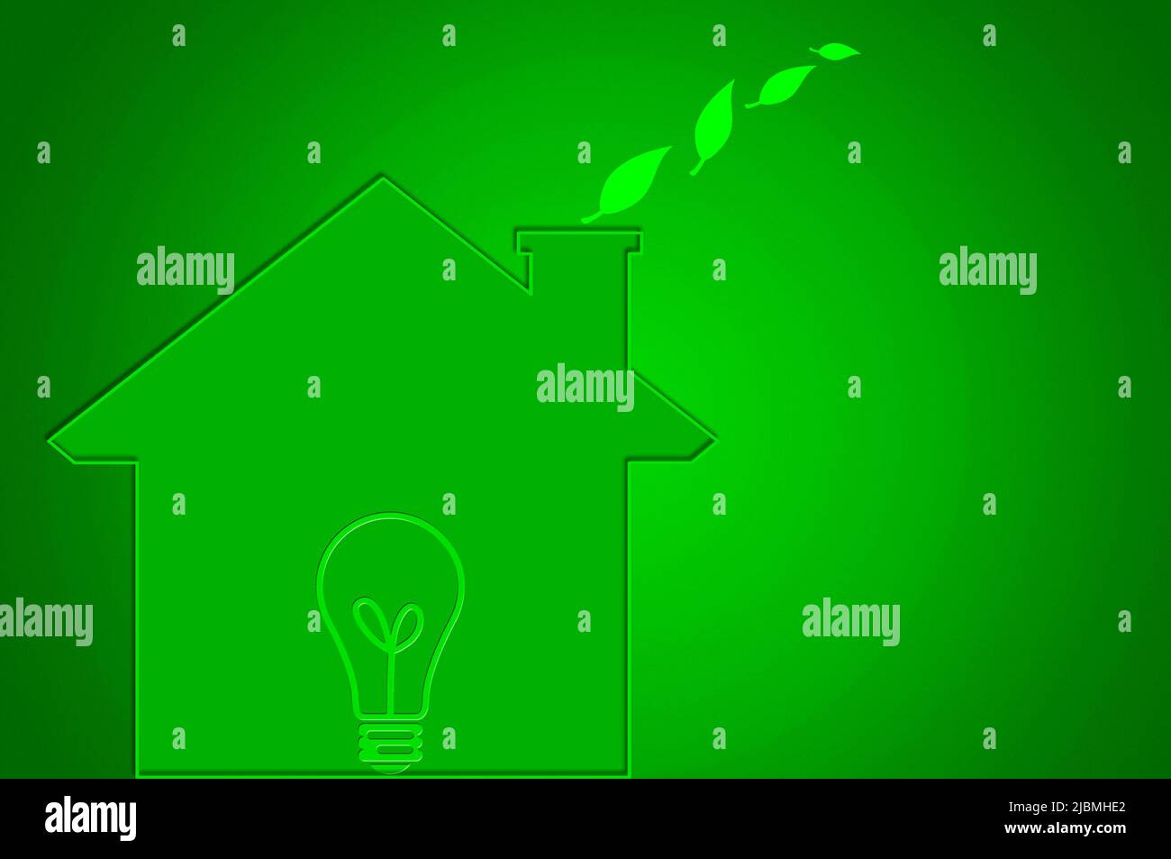 casa con lampadina elettrica verde, transizione verde e concetto di risparmio energetico Foto Stock