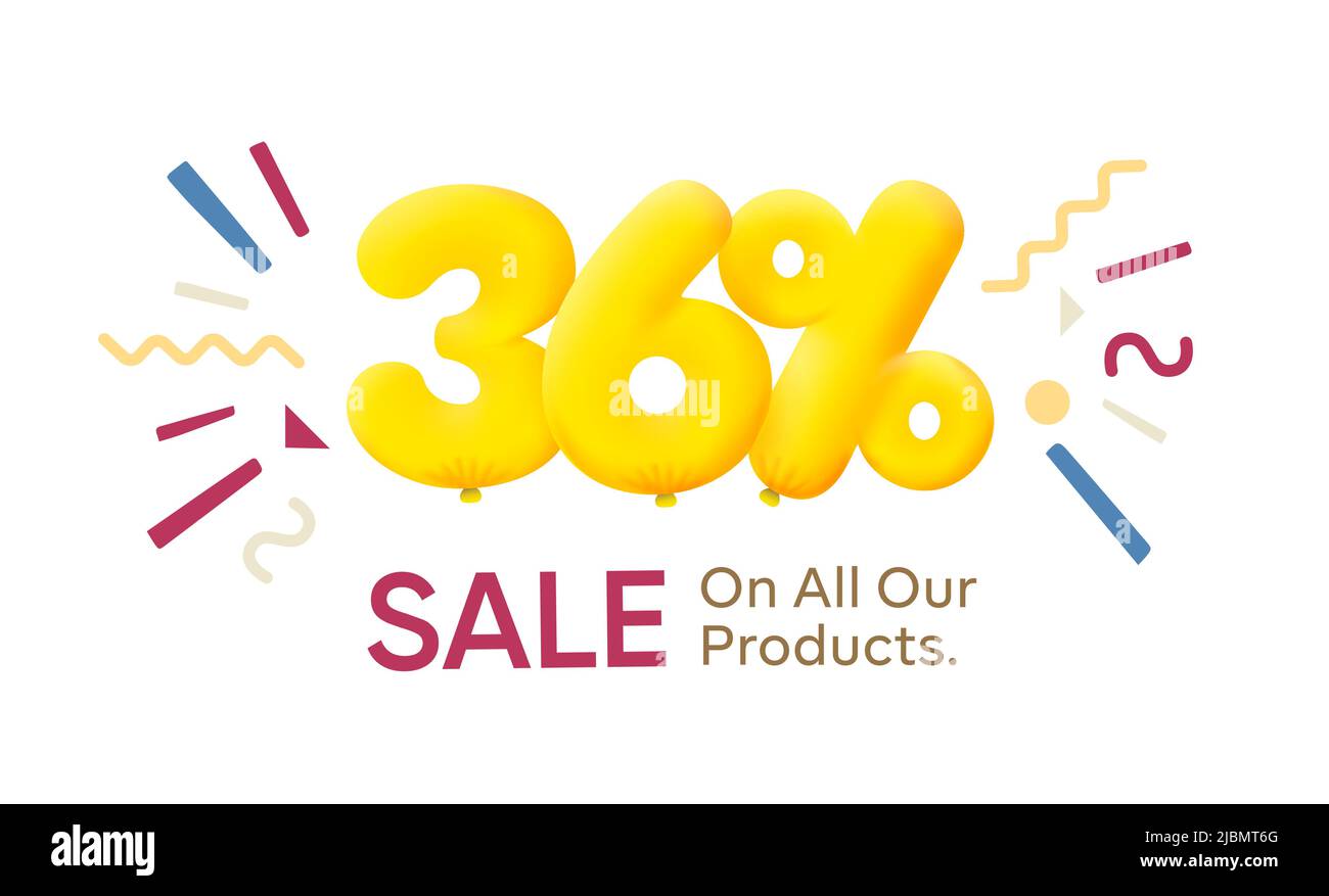 Offerta speciale vendita 36% sconto 3D numero giallo tag voucher illustrazione vettoriale. Sconto stagione etichetta 36% di sconto promozione pubblicità estate vendita coupon promo marketing banner vacanza week-end Illustrazione Vettoriale