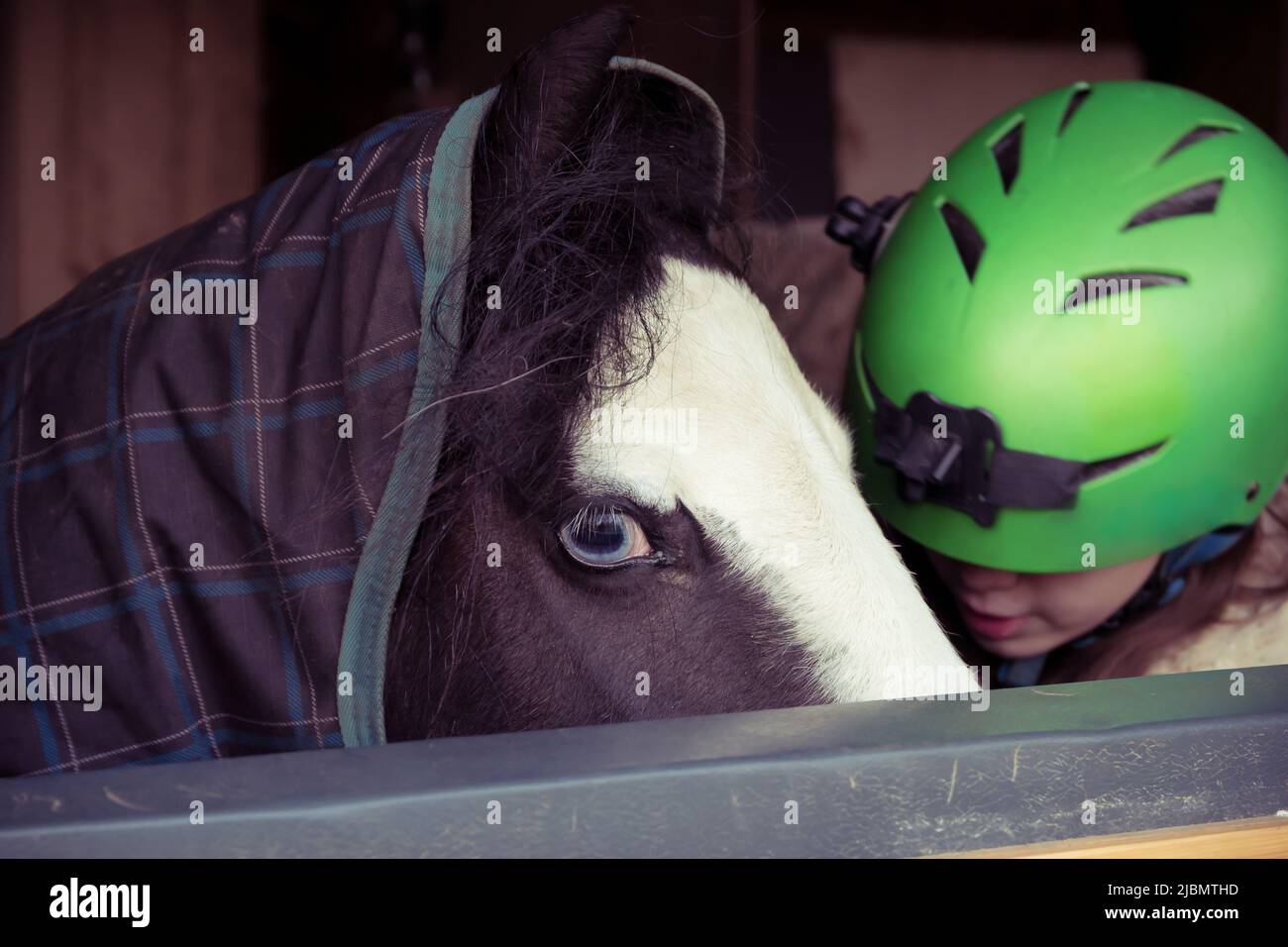 Ragazza in elmetto di equitazione con pony di cavallo zingaro piebald in una coperta in una stalla, mostrando l'occhio blu della parete Foto Stock