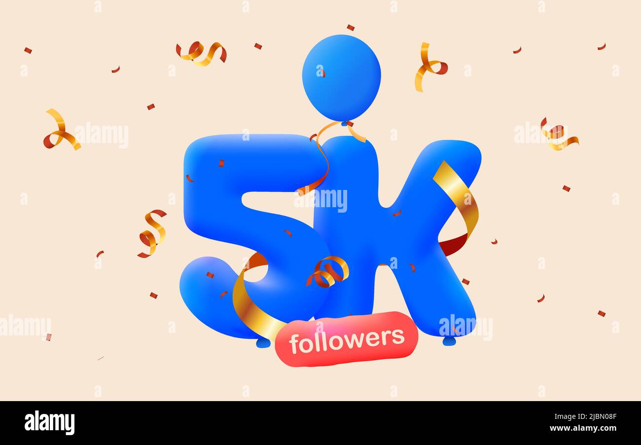 Banner con 5K seguaci grazie in forma 3D palloncini blu e confetti colorati. Illustrazione vettoriale 3D numeri per i social media 5000 follower grazie, Blogger festeggiamenti abbonati, mi piace Illustrazione Vettoriale