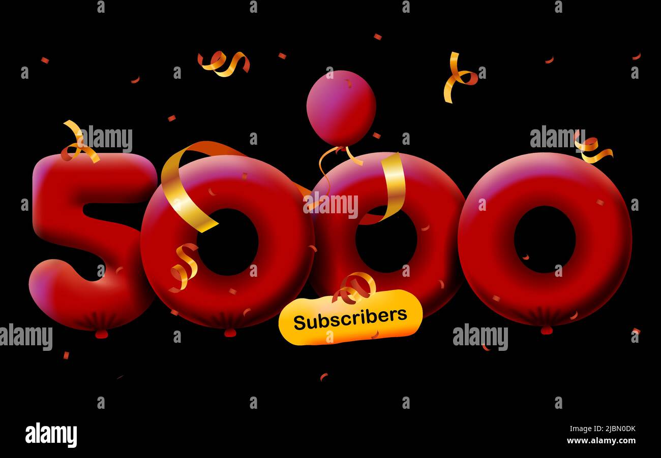 Banner con 5K seguaci grazie in forma di 3D palloncini rossi e confetti colorati. Illustrazione vettoriale 3D numeri per i social media 5000 follower grazie, Blogger festeggiamenti abbonati, mi piace Illustrazione Vettoriale