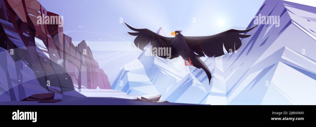 Montagne di neve con corvo volante. Illustrazione vettoriale del paesaggio invernale con rocce con alte scogliere, canyon, picchi di ghiaccio e corvo nero volare ab Illustrazione Vettoriale