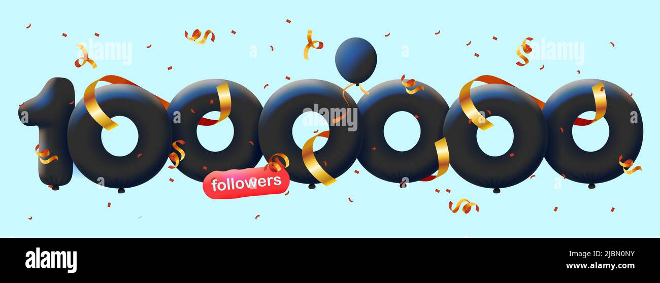 Banner con 1000000 seguaci grazie in forma di 3D palloncini neri e confetti colorati. Illustrazione vettoriale 3D numeri per i social media 1M follower grazie, Blogger festeggiamenti abbonati, mi piace Illustrazione Vettoriale