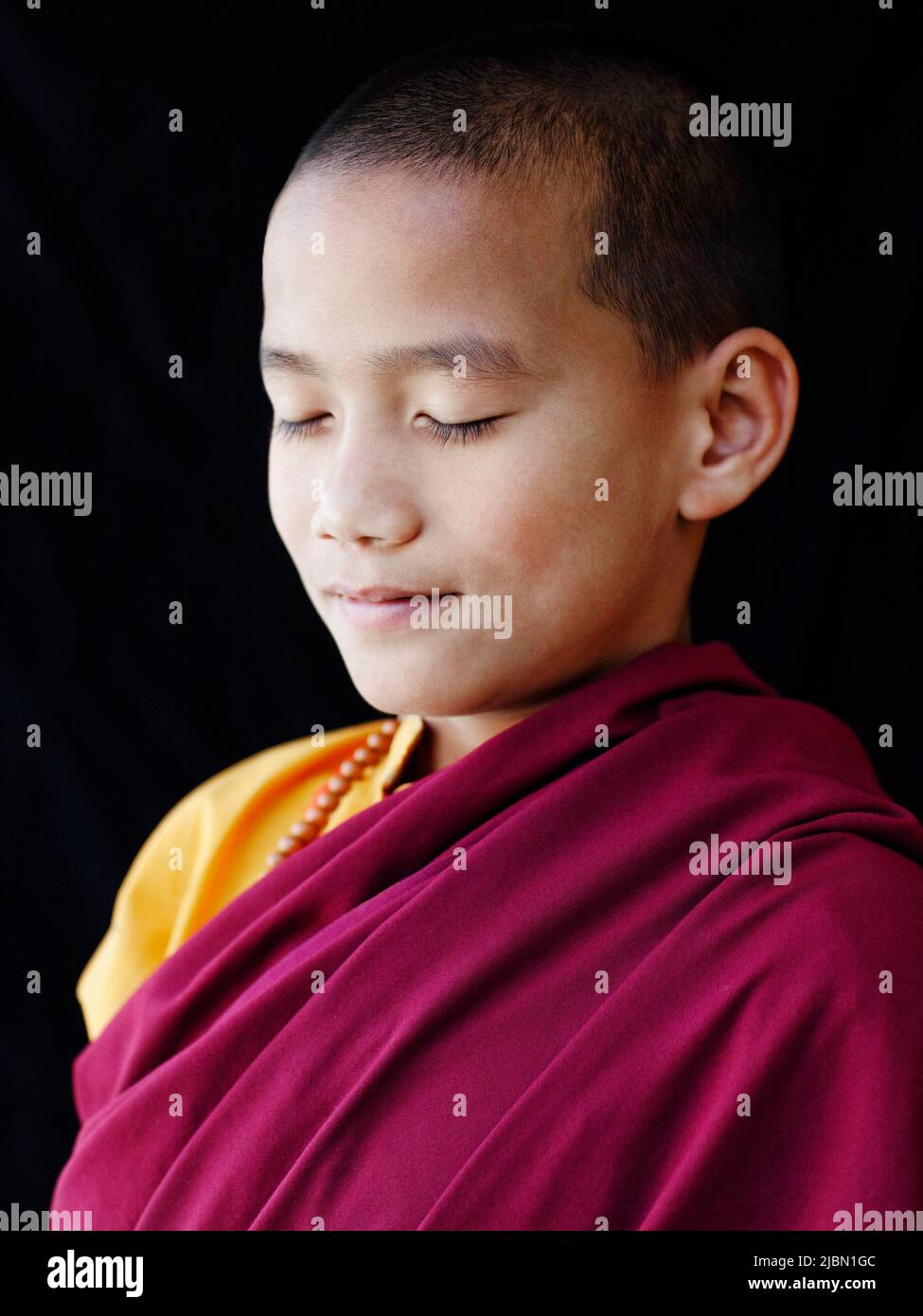 Ritratto di un giovane monaco buddista tibetano. McLeod Ganj, Dharamsala, India. Foto Stock