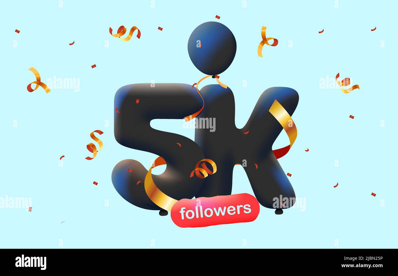 Banner con 5K seguaci grazie in forma 3D palloncini neri e confetti colorati. Illustrazione vettoriale 3D numeri per i social media 5000 follower grazie, Blogger festeggiamenti abbonati, mi piace Illustrazione Vettoriale