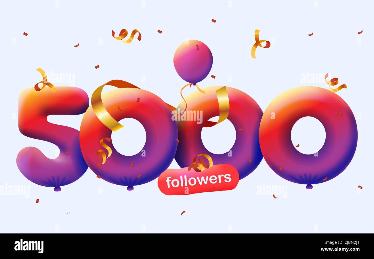 Banner con 5K seguaci grazie in forma di 3D palloncini rossi e confetti colorati. Illustrazione vettoriale 3D numeri per i social media 5000 follower grazie, Blogger festeggiamenti abbonati, mi piace Illustrazione Vettoriale