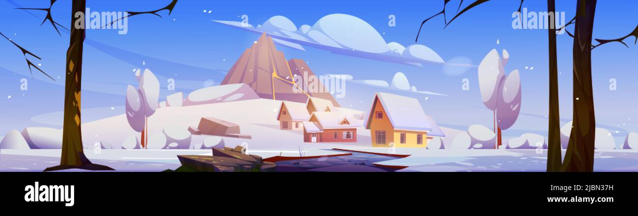 Paesaggio invernale con montagna, case e neve bianca. Vettore cartoon illustrazione di villaggio con cottage ai piedi del vulcano dormiente, strada e. Illustrazione Vettoriale