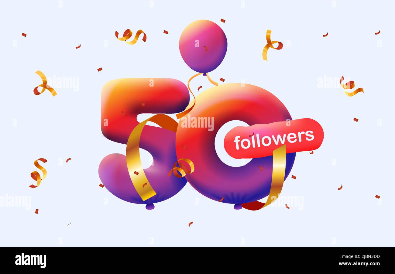 Banner con 50 seguaci grazie in forma di 3D palloncini rossi e confetti colorati. Illustrazione vettoriale 3D numeri per i social media 50 follower grazie, Blogger festeggiamenti abbonati, mi piace Illustrazione Vettoriale