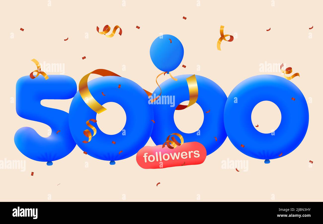 Banner con 5K seguaci grazie in forma di 3D palloncini blu e confetti colorati. Illustrazione vettoriale 3D numeri per i social media 5000 follower grazie, Blogger festeggiamenti abbonati, mi piace Illustrazione Vettoriale