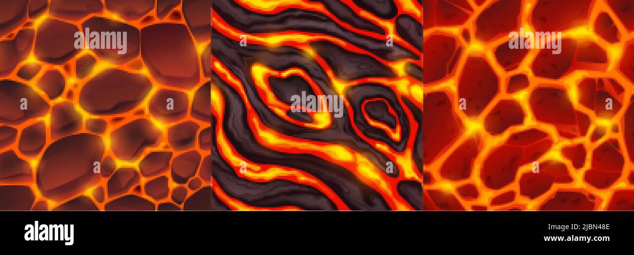 Texture lava senza giunture per il gioco. Sfondi di eruzione vulcanica vista dall'alto, disegno astratto con magma fuso caldo, pietre, crepe, liquido fluente e. Illustrazione Vettoriale