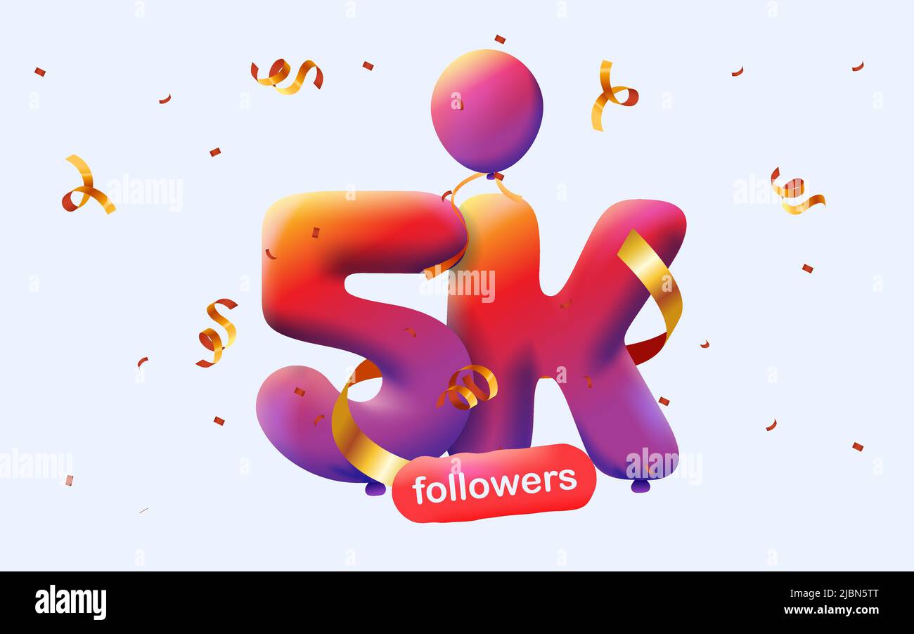 Banner con 5K seguaci grazie in forma 3D palloncini rossi e confetti colorati. Illustrazione vettoriale 3D numeri per i social media 5000 follower grazie, Blogger festeggiamenti abbonati, mi piace Illustrazione Vettoriale