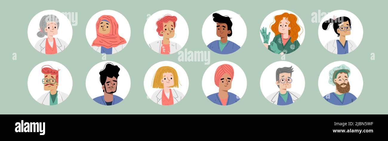 Avatar di medici e infermieri, persone diverse in uniforme medica. Illustrazione piatta vettoriale dei volti dei personaggi medici professionisti, ritratti di hospit Illustrazione Vettoriale