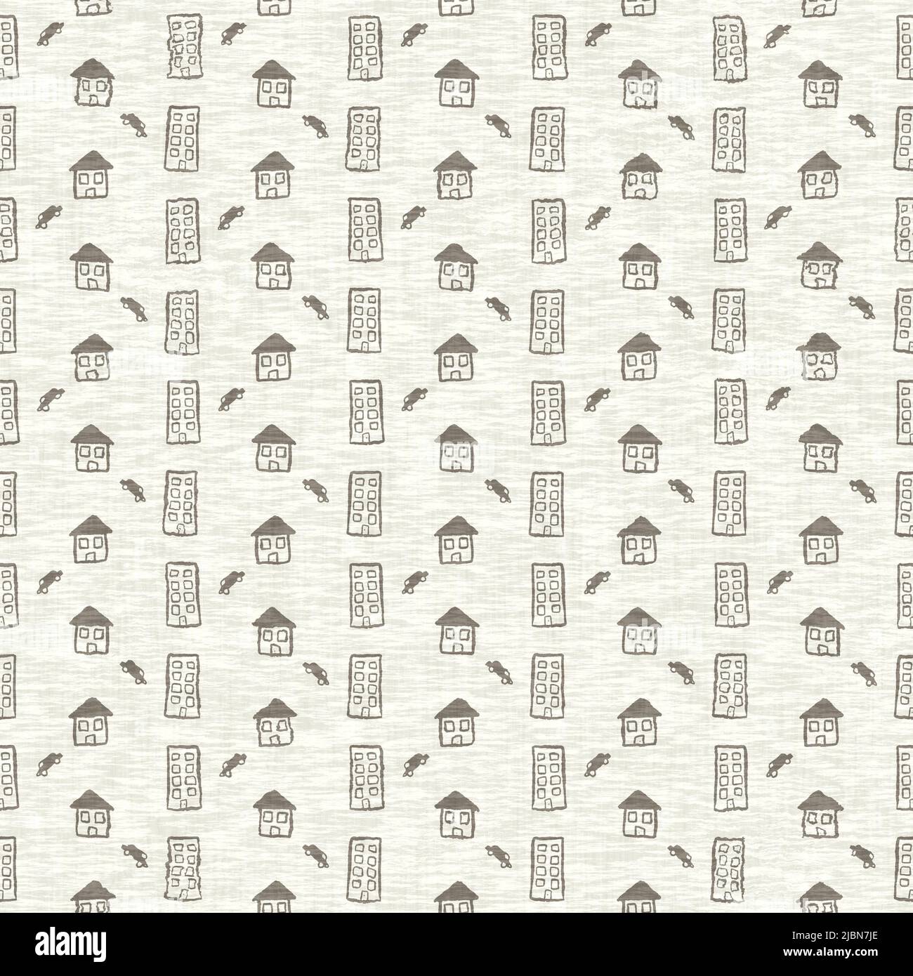 Mano disegnato Doodle casa lino effetto texture pattern. Stampa decorativa in tessuto grigio naturale senza cuciture per carta da parati in tela. Foto Stock