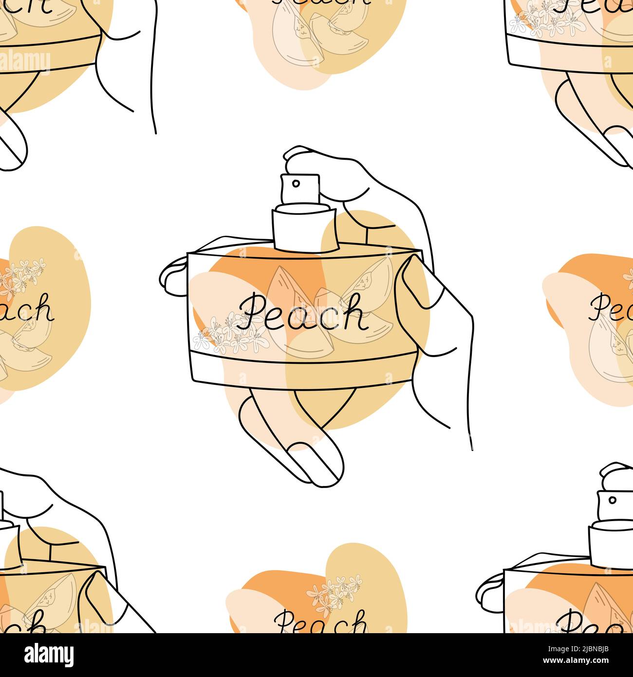 Sfondo modello senza cuciture con una bottiglia di profumo nelle mani di una ragazza. Forme astratte arancioni con scritte Peach e fette di pesca. Illustrazione Vettoriale