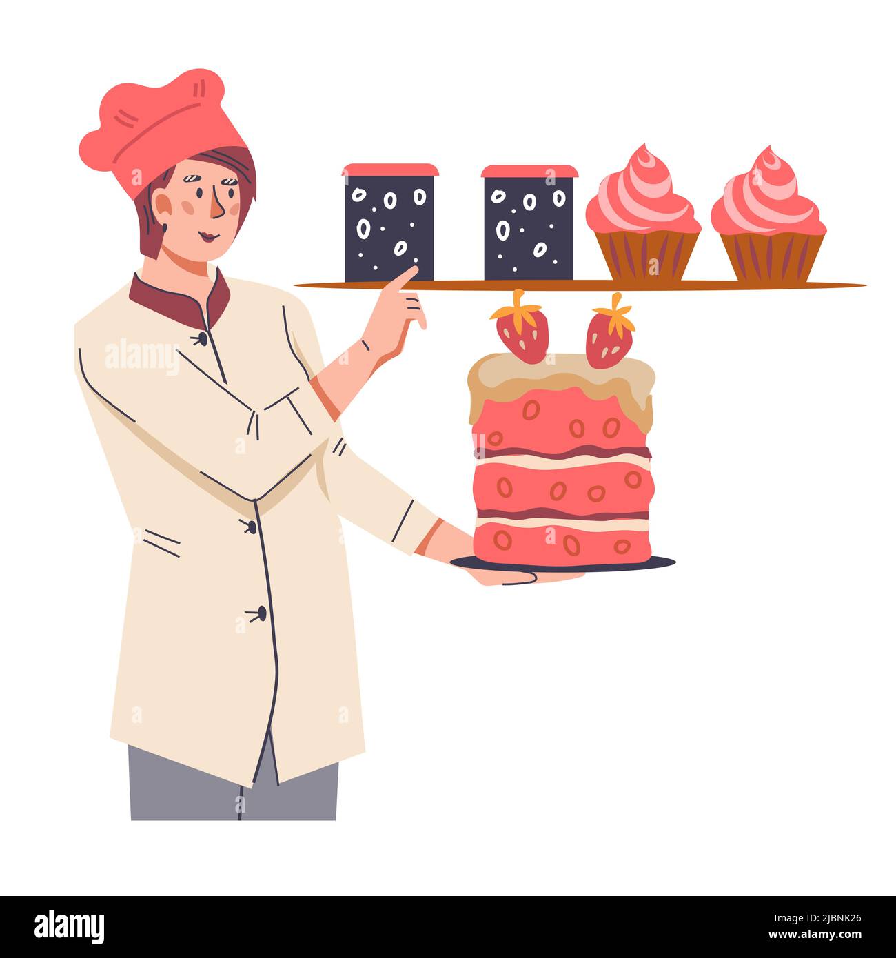 Personaggio femminile professionista con torta pronta, illustrazione vettoriale cartoon piatto isolato su sfondo bianco. Carattere per la confezione Illustrazione Vettoriale