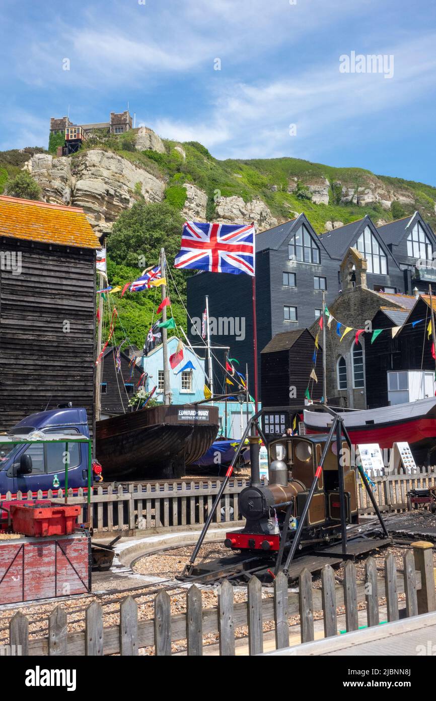Motore ferroviario in miniatura alla stazione Rock-a-Nore, Hastings, East Sussex, Regno Unito Foto Stock