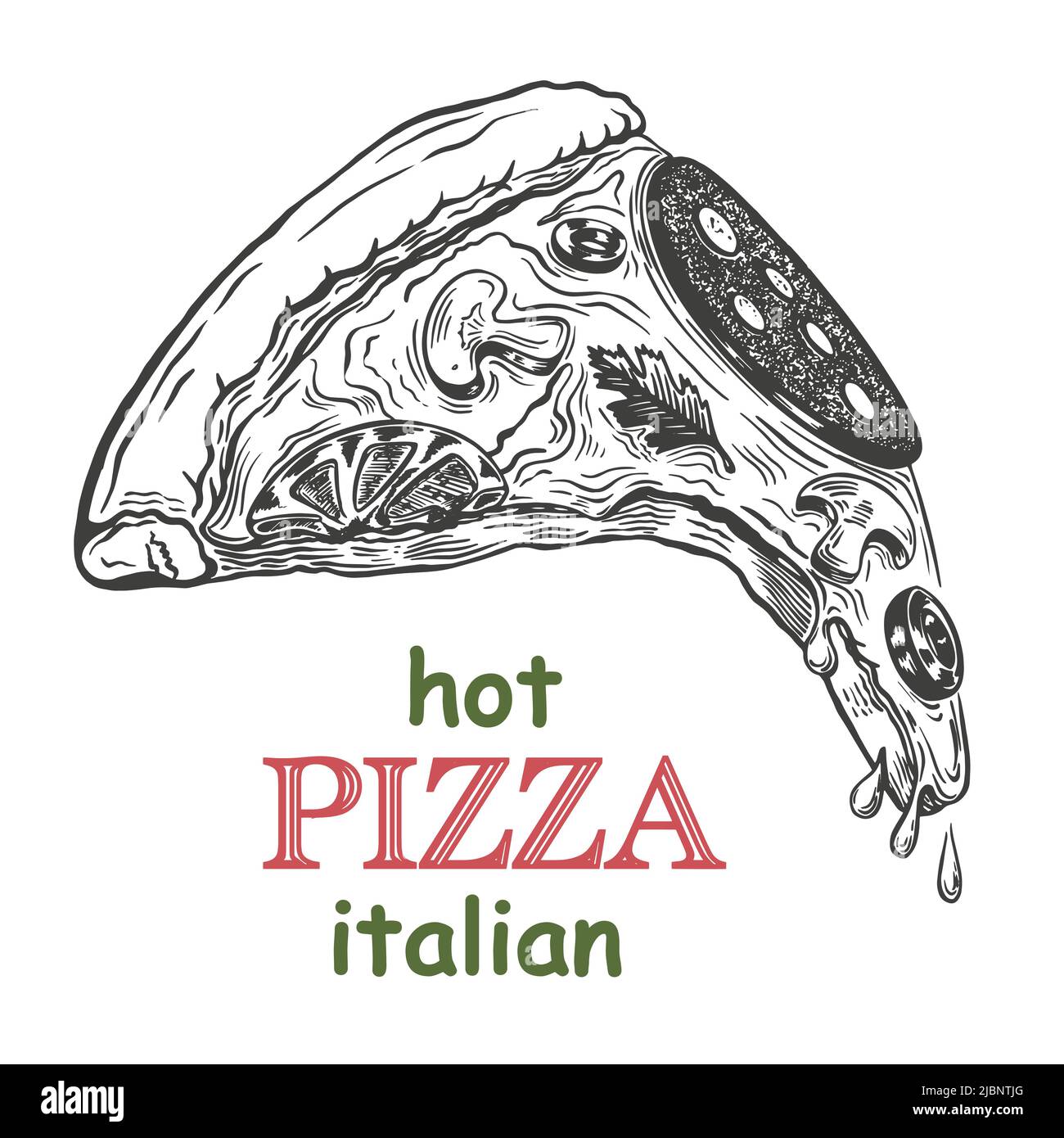 Porzione di pizza italiana calda, disegno a mano. Pubblicità, caffetteria, pizzeria. Isolato su sfondo bianco. Vettore. Illustrazione Vettoriale