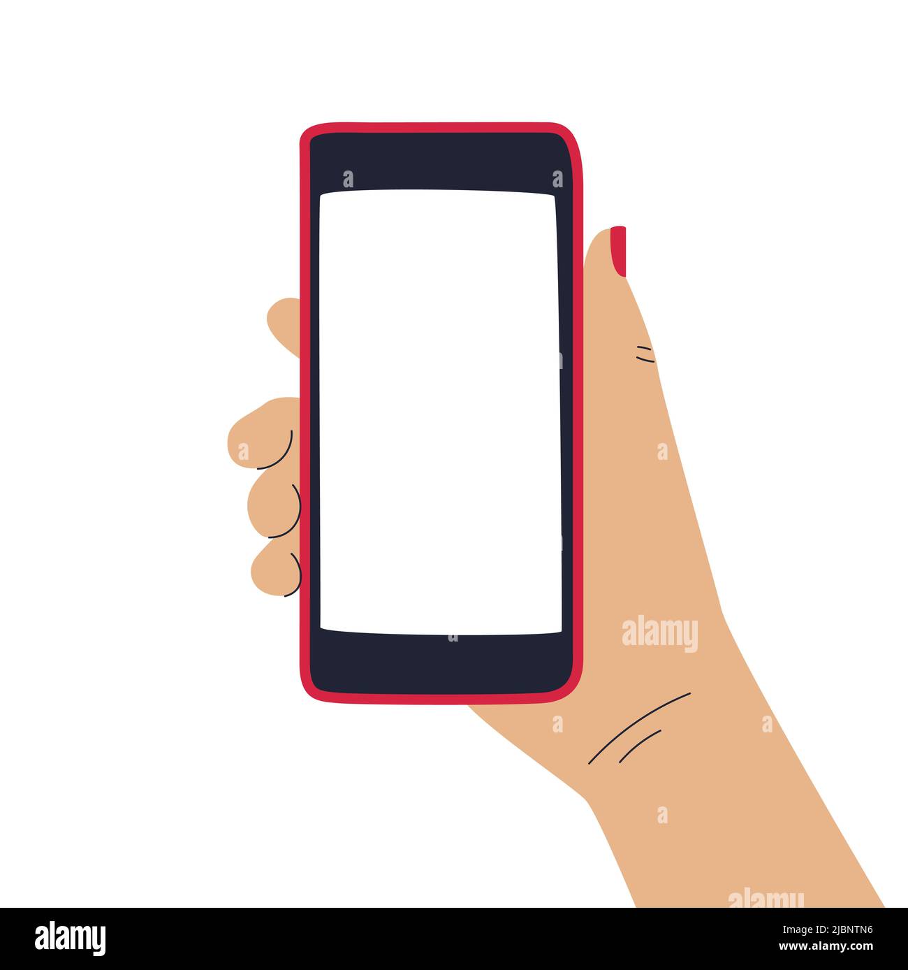 Una mano che tiene un telefono con schermo vuoto con spazio per la copia del testo. Modello per pubblicità, annuncio, promozione, poster, screensaver, coperchi. F Illustrazione Vettoriale