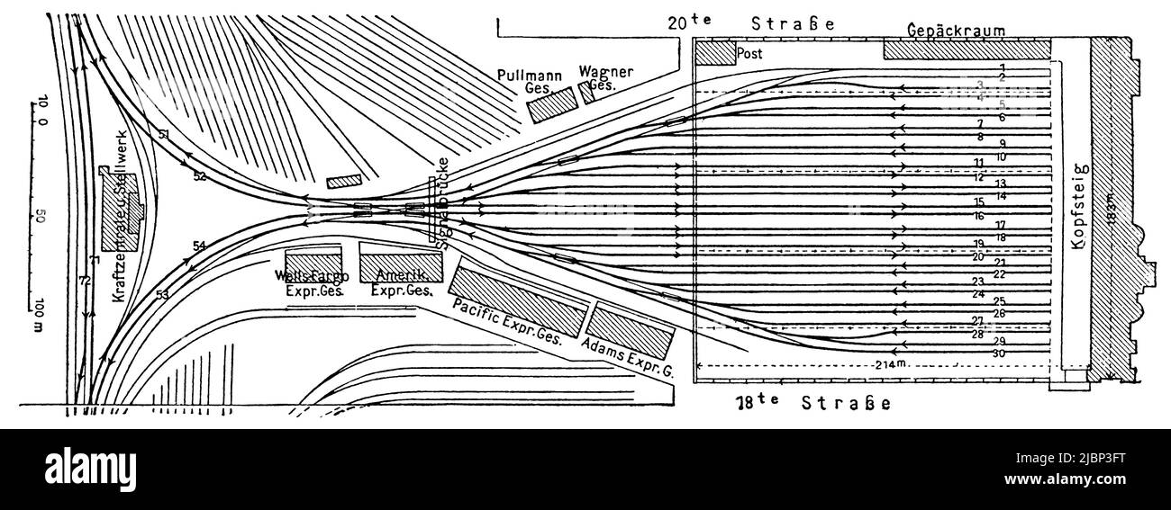 Stazione dei treni passeggeri a St.Louis, USA (1894). Pubblicazione del libro 'Meyers Konversations-Lexikon', Volume 2, Lipsia, Germania, 1910 Foto Stock