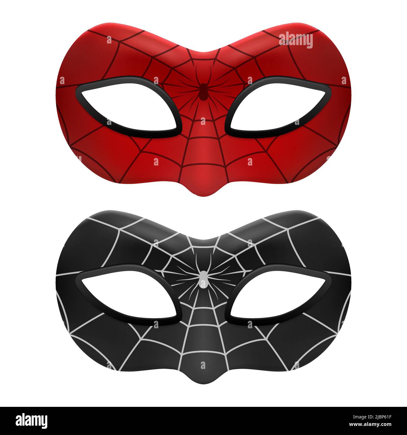 Vector 3D Reaistic SuperHero Spider Mask Icon Set isolato. Vettore. Super Hero Face Carnival maschera rossa e nera con Spider Web e Spider Closeup Illustrazione Vettoriale