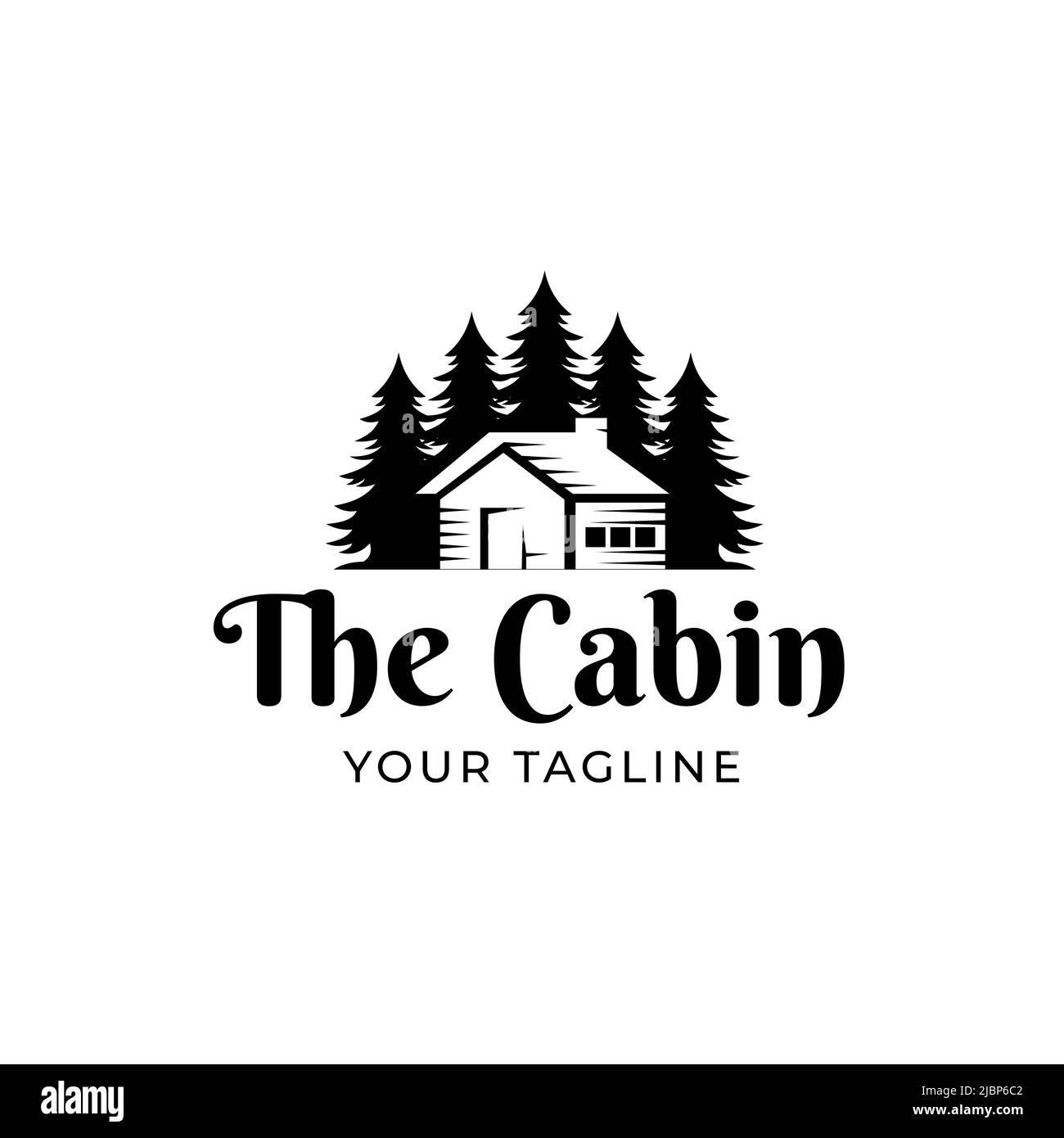 Design con logo raffigurante la cabina vintage e la foresta di pini Illustrazione Vettoriale