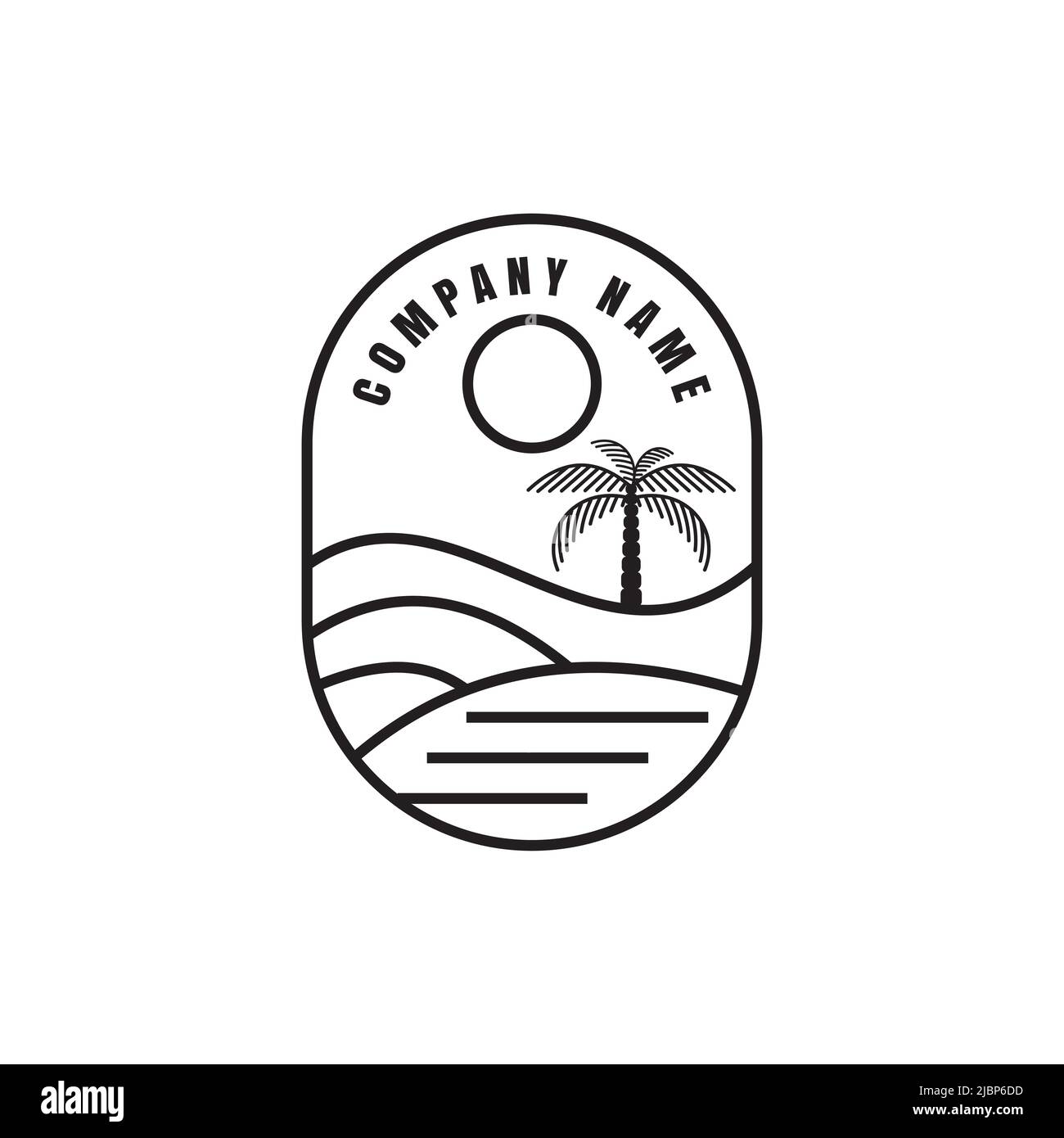 Logo Palm tree Island line con disegno al tramonto, design a forma di emblema minimalista Waves Illustrazione Vettoriale