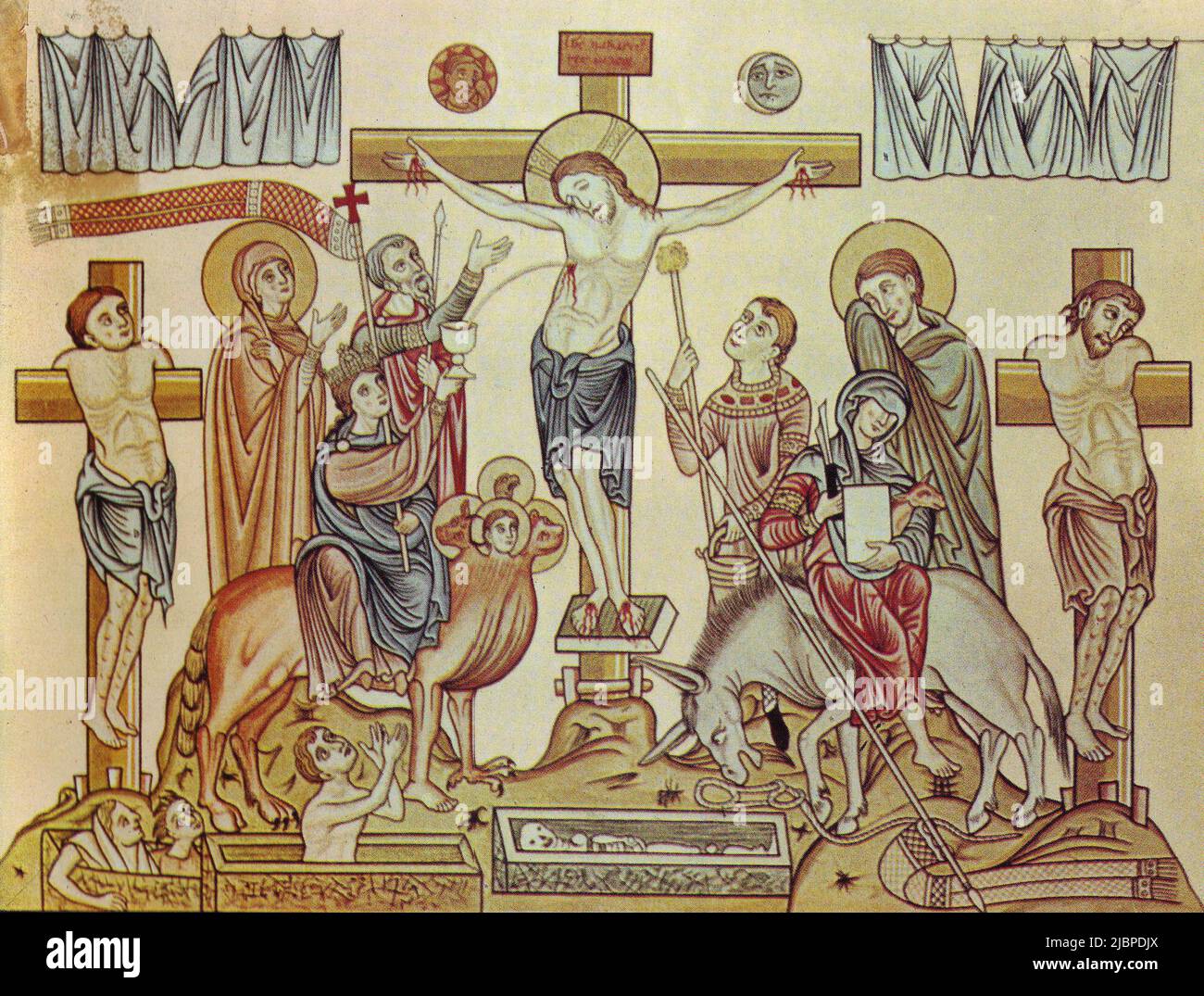 Crocifissione di Gesù di Nazareth, un'illustrazione medievale del 12th secolo dall'Hortus deliciarum di Herrad di Landsberg Foto Stock