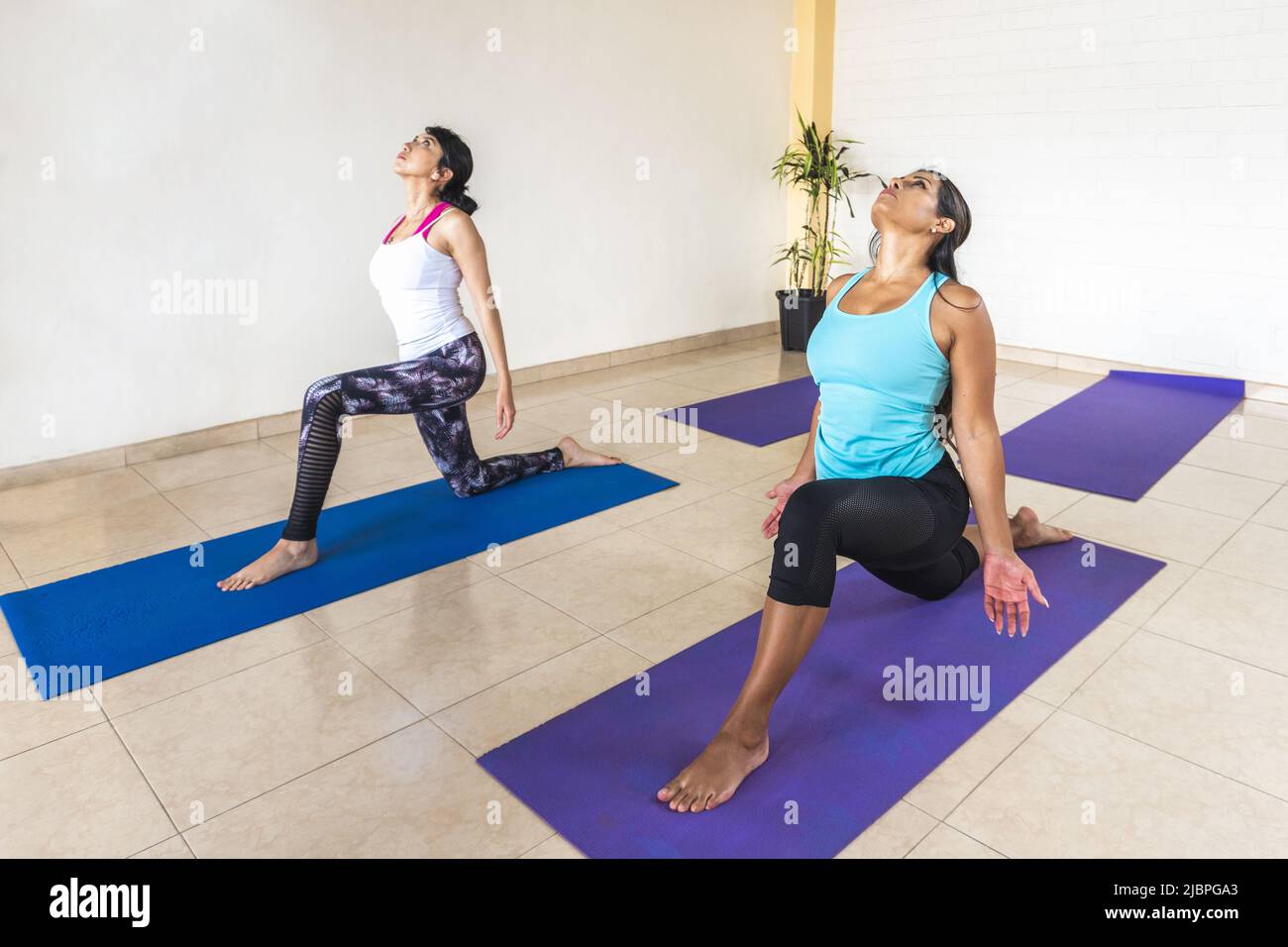 Due donne che fanno yoga affondo basso posano su un tappeto Foto Stock