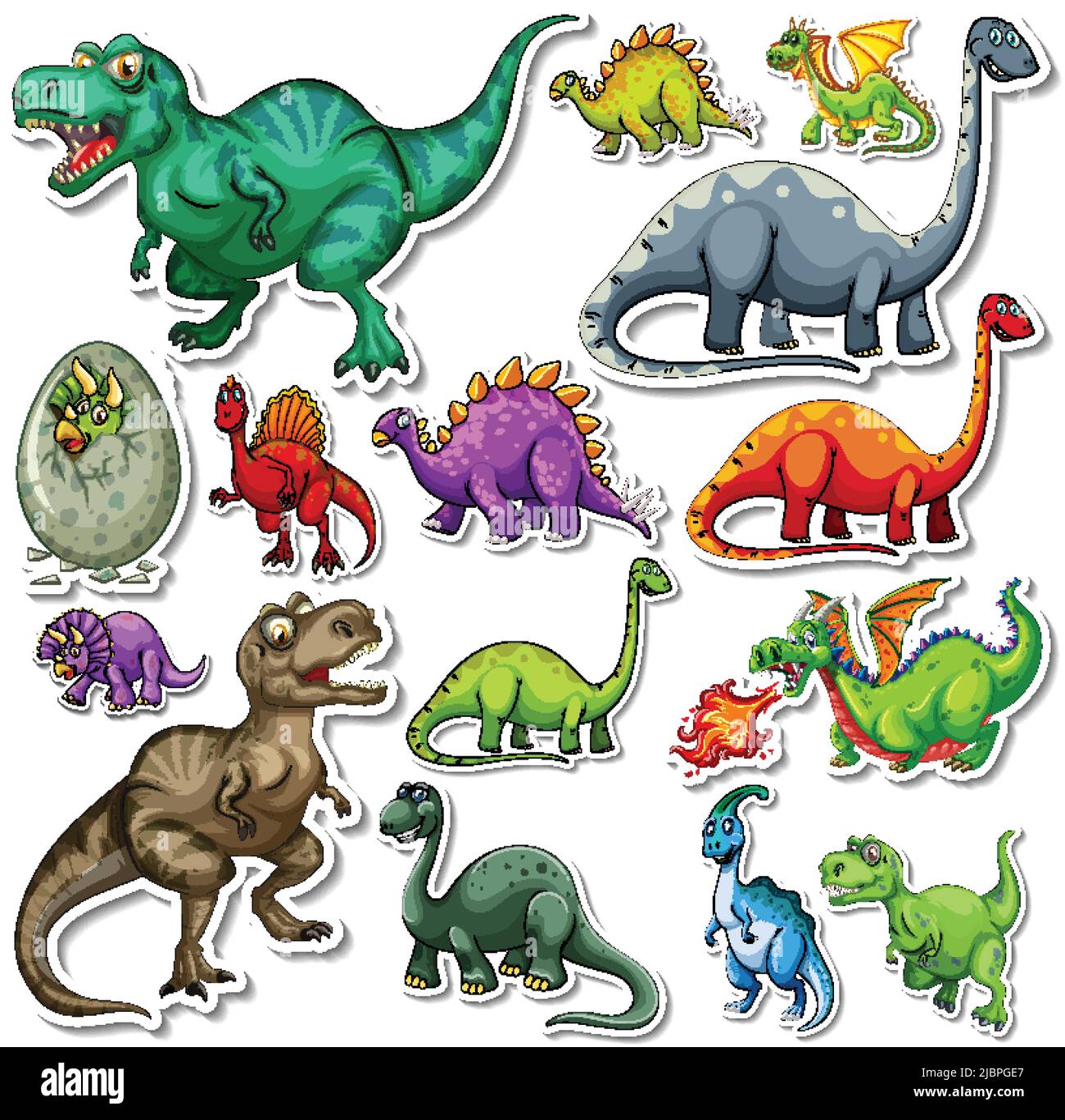 Set di adesivi di diversi dinosauri cartoni animati Illustrazione Vettoriale