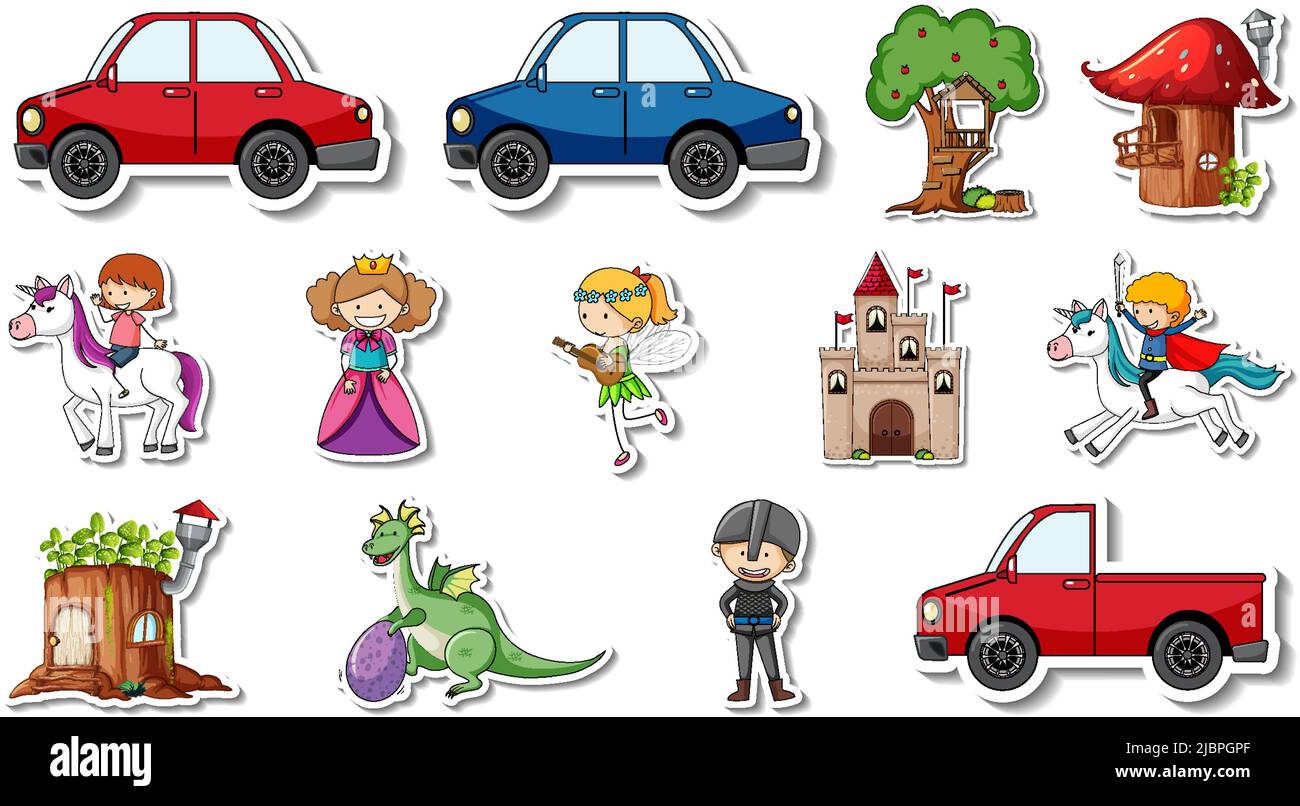 Set di adesivi di fantasia fiaba cartoon personaggi illustrazione Illustrazione Vettoriale