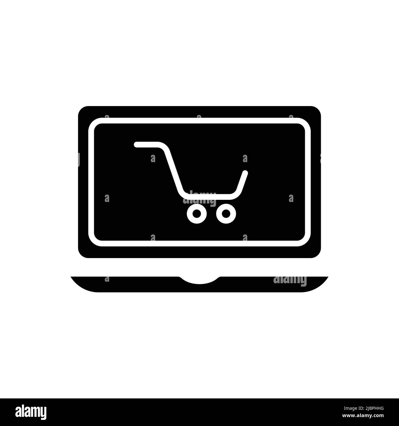 Vettore icona laptop con carrello. Shopping online, acquisti online, negozio online. Stile icona solido, glifo. Semplice illustrazione del disegno modificabile Illustrazione Vettoriale