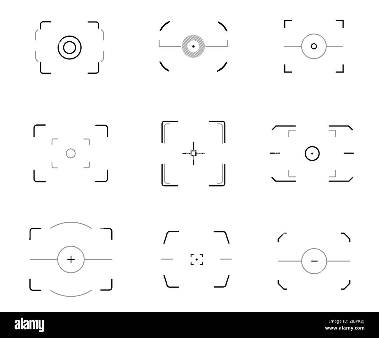 Icone di messa a fuoco della fotocamera, cornici di messa a fuoco automatica o schermo vettoriale del viewfinder video e fotografico. Obiettivo digitale per la messa a fuoco o il mirino, con zoom e obiettivi con messa a fuoco automatica con registrazione a camma Illustrazione Vettoriale