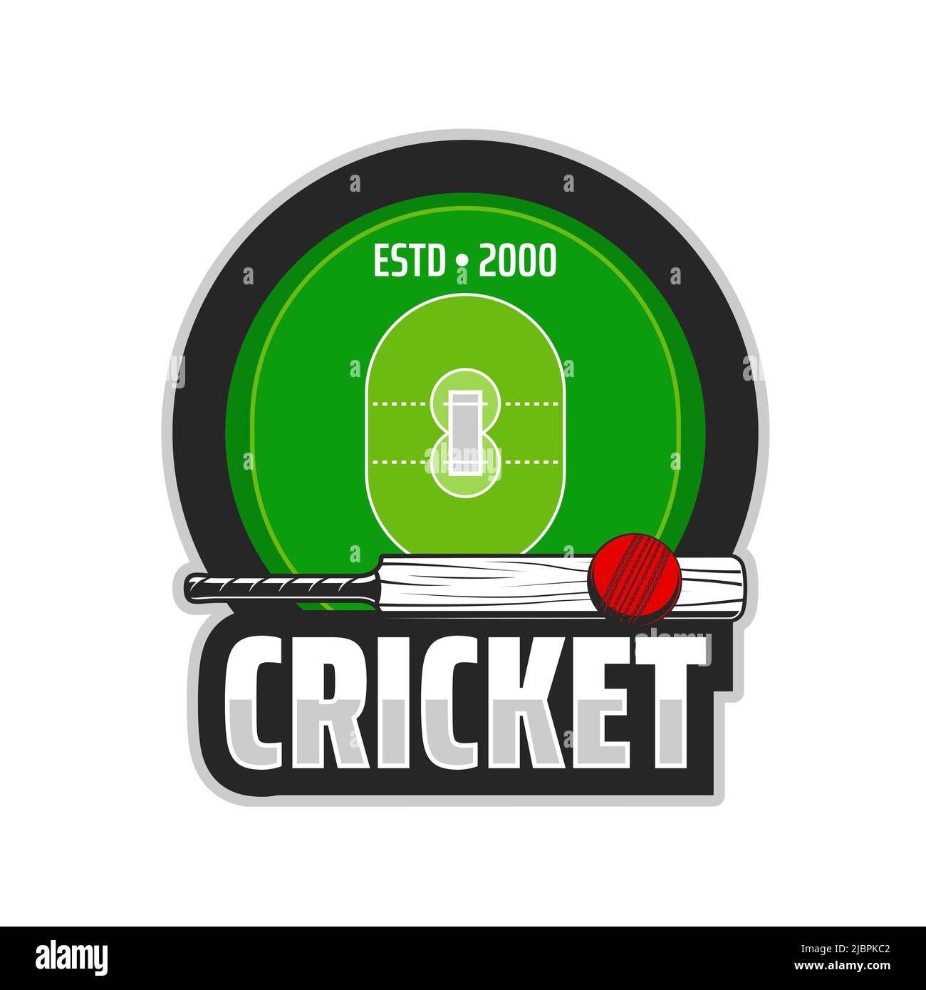 Icona di campo di cricket, club di gioco spot e emblema vettoriale torneo. Badge della squadra di cricket con palla e mazza sullo stadio del campo verde, cartello della coppa del campionato Illustrazione Vettoriale