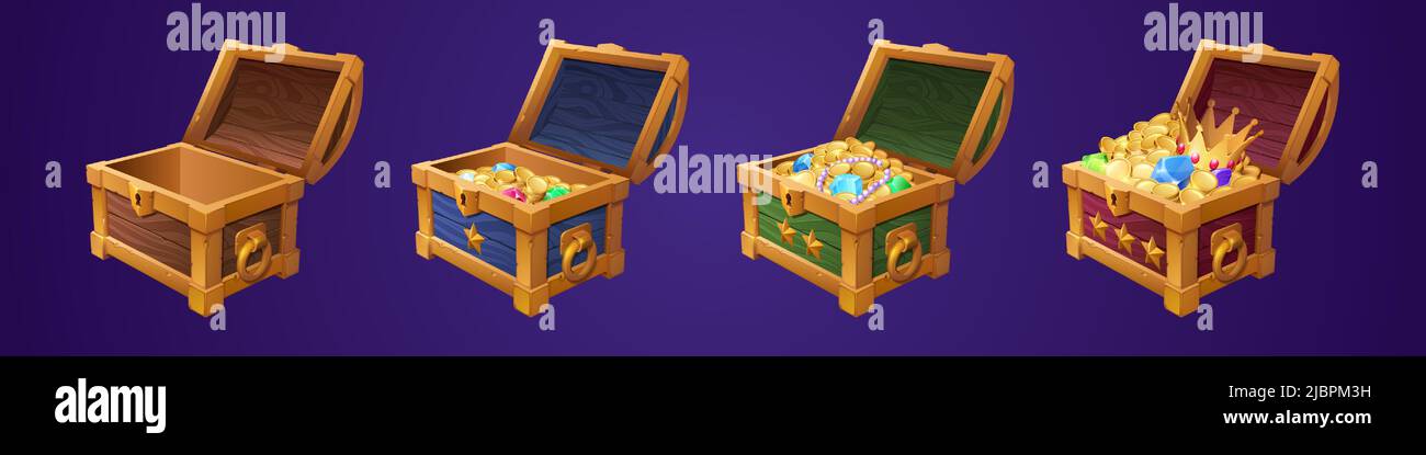 Cassettoni con tesoro, scatola di legno vuota e piena con monete d'oro, pietre di gemma o cristalli. Trofei Trunks, premio a livello di gioco. Pirata loot, fantasy asset, elementi gui, Cartoon vettore illustrazione, set Illustrazione Vettoriale