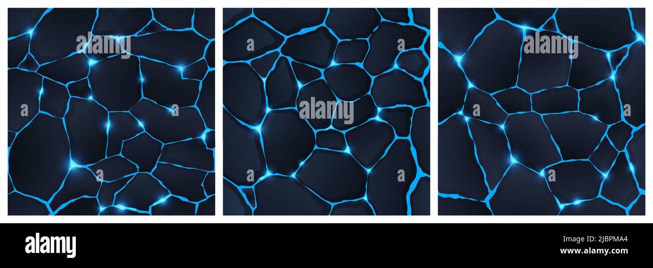 Superficie di terra incrinata con texture di gioco senza cuciture di luce blu magica. Sfondi astratti con terra rovinata, pietre scure con luce brillante di plasma o lava fusa in buchi, illustrazione vettoriale Cartoon Illustrazione Vettoriale