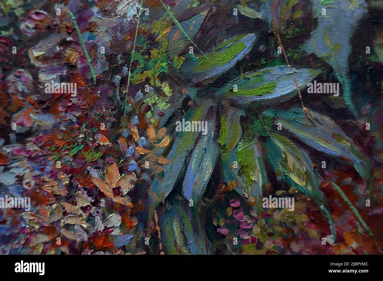 Arte pittura disegno abilità disegno a mano olio colore astratto fiori e foglie Foto Stock