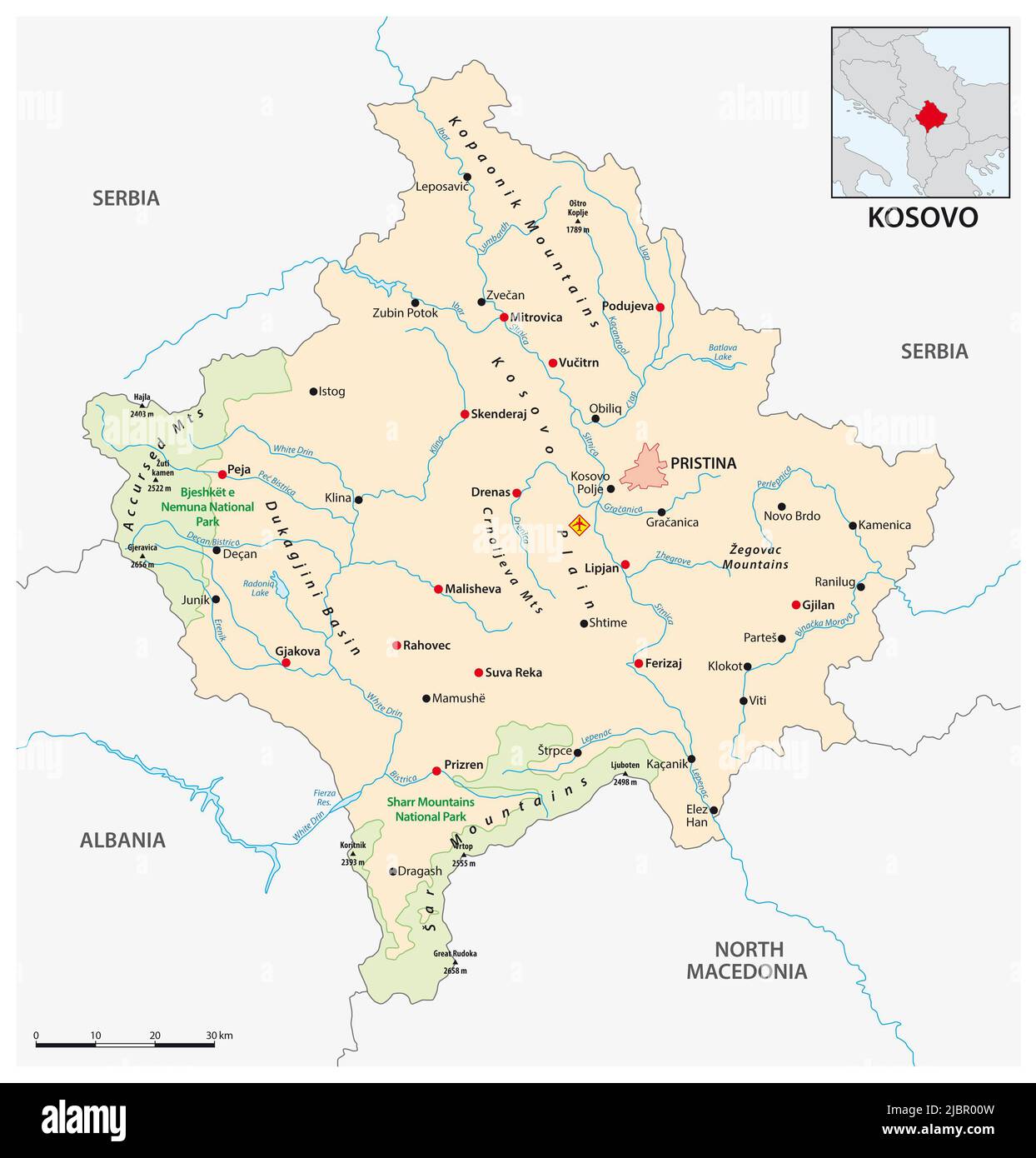 Mappa vettoriale della Republia dell'Europa meridionale del Kosovo Foto Stock