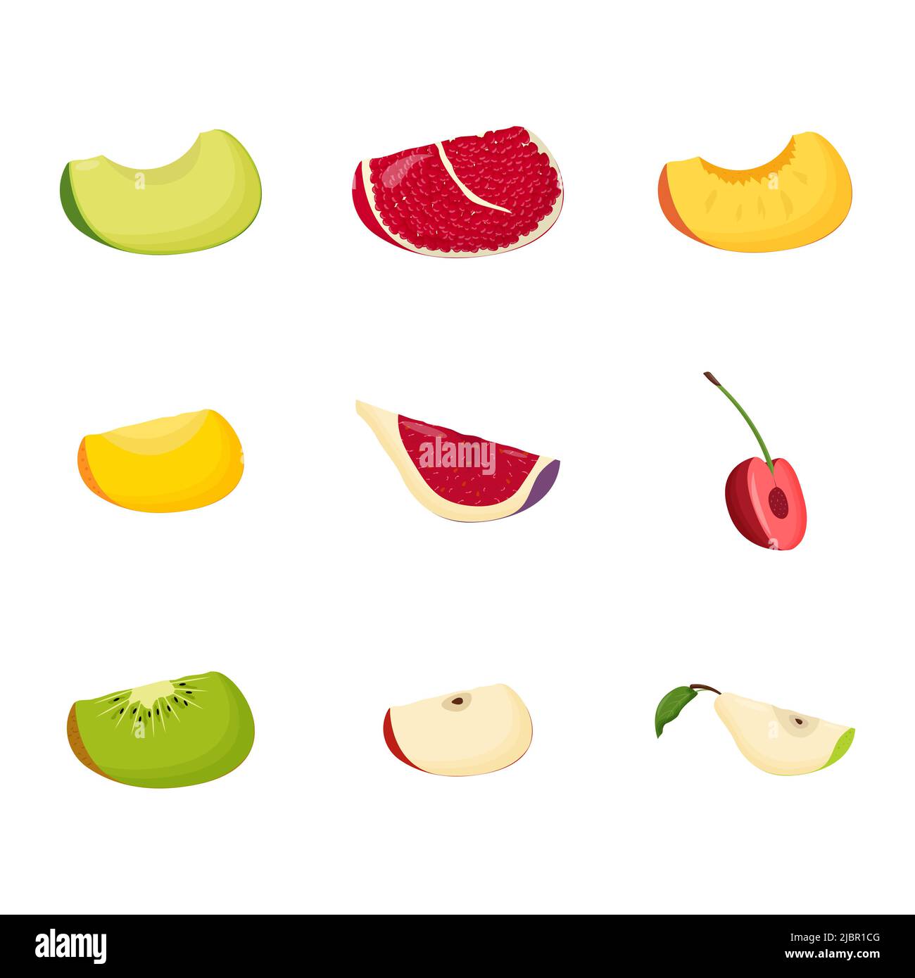 Set di fette di frutta. Cibo vegetariano, concetto di cibo sano. Avocado, melograno, pesca, mango, fico, Ciliegia kiwi mela pera Flat vettore illustrazione Illustrazione Vettoriale